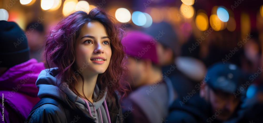 Young beautiful woman defense rally, neon street lighting, solidarity and rights protection, banner Young beautiful woman defense rally, neon street lighting, solidarity and rights protection, banner