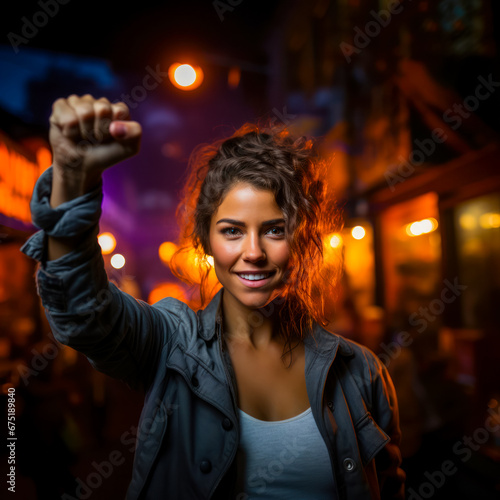 Portrait of a young woman with a raised fist, solidarity and women's fight for their rights