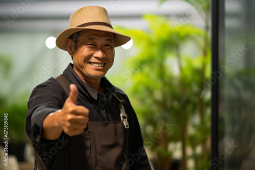 a man in a hat giving a thumbs up