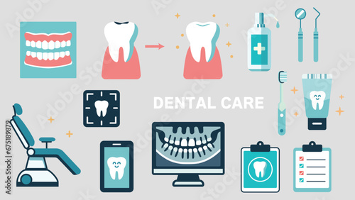 Dental care flat icons set. Dentist equipment. Vector illustration