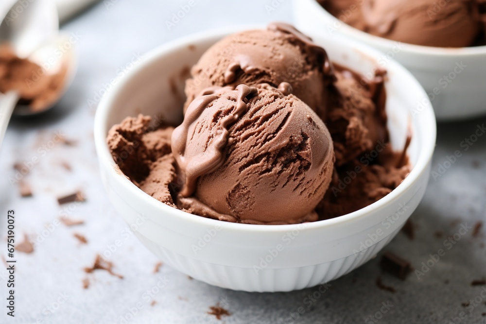 Decadent Delight: Chocolate Ice Cream in a White Bowl on White Countertop Decadent Delight: Chocolate Ice Cream in a White Bowl on White Countertop