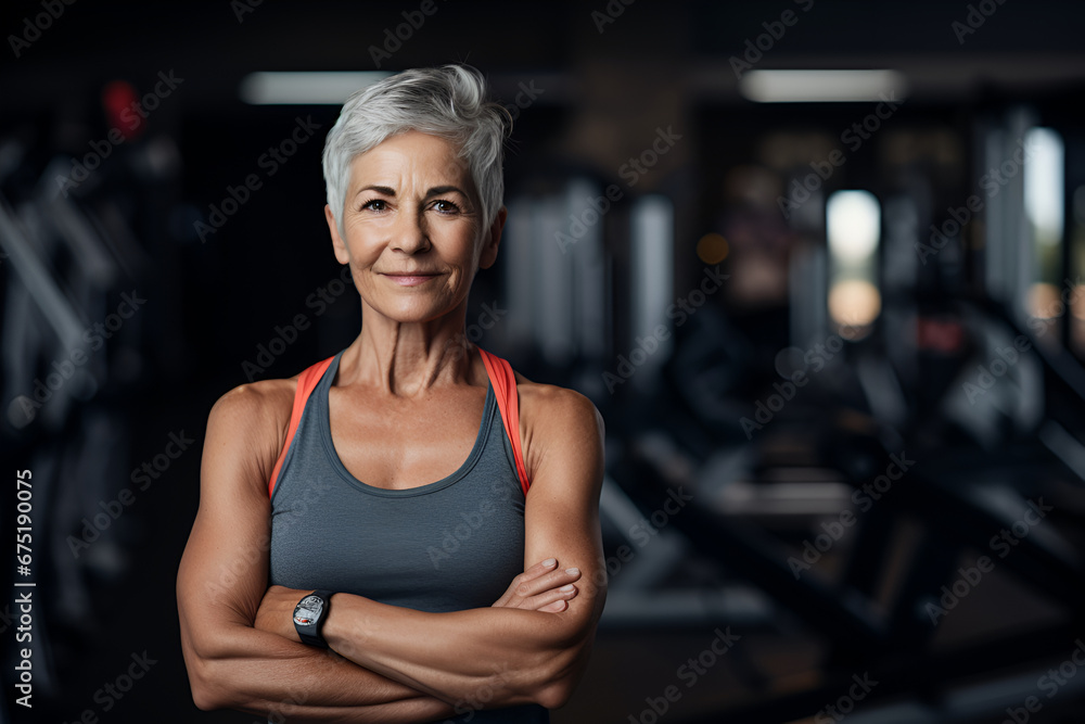 Motivated senior woman working out in the gym, looking confidently at the camera