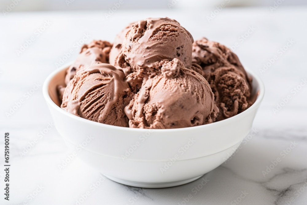 Decadent Delight: Chocolate Ice Cream in a White Bowl on White Countertop Decadent Delight: Chocolate Ice Cream in a White Bowl on White Countertop