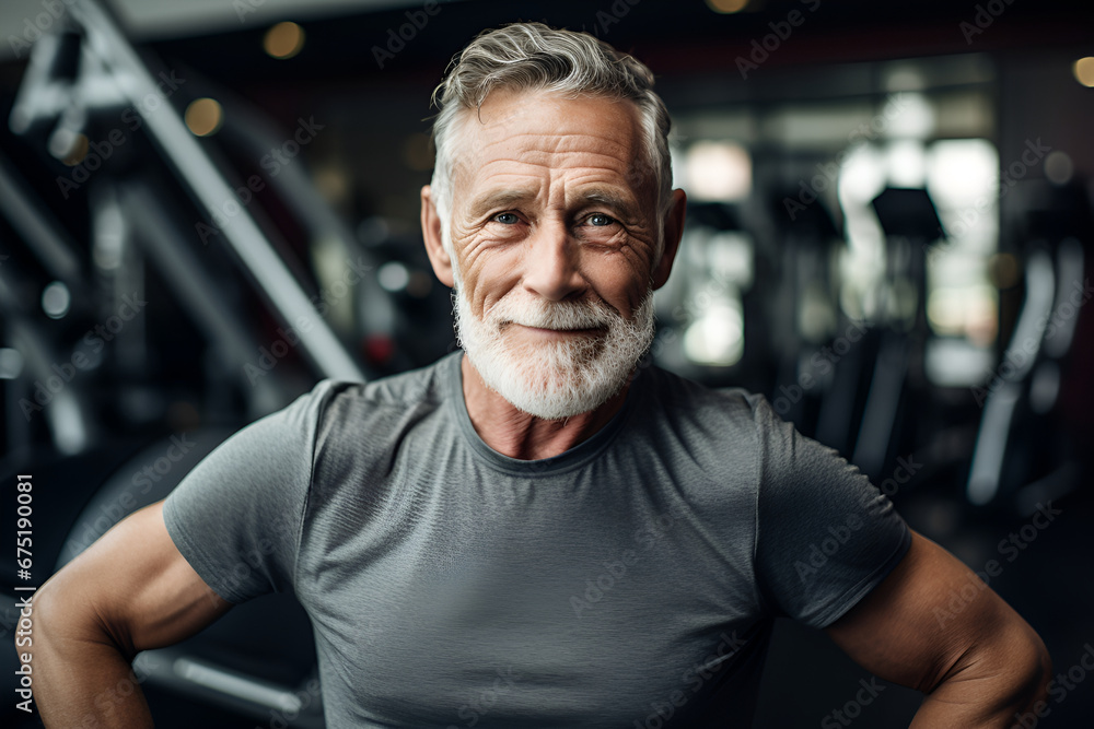 Motivated senior man working out in the gym, looking confidently at the camera