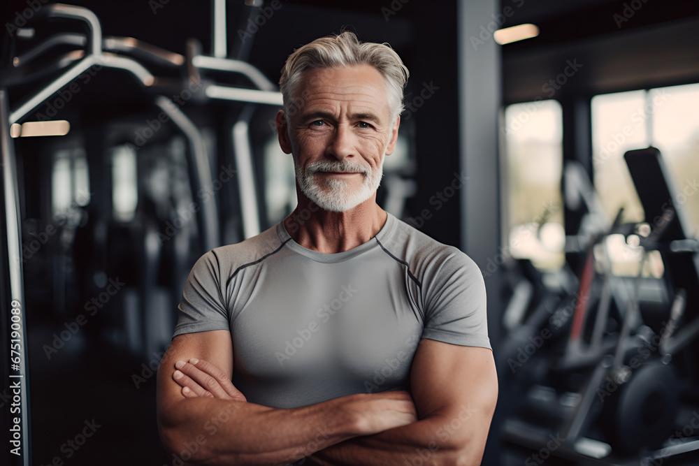 Motivated senior man working out in the gym, looking confidently at the camera Motivated senior man working out in the gym, looking confidently at the camera