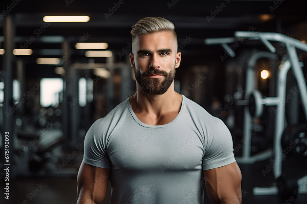 A motivated man working out in the gym, looking confidently at the camera