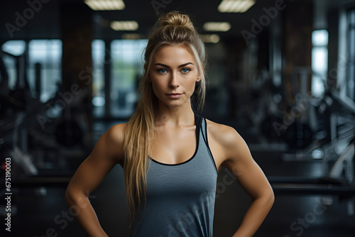 Motivated girl working out in the gym, looking confidently at the camera  © Studio Photo AI
