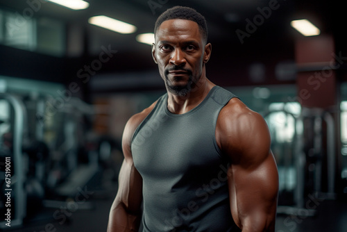 An African American man is training in the gym, looking confidently at the camera