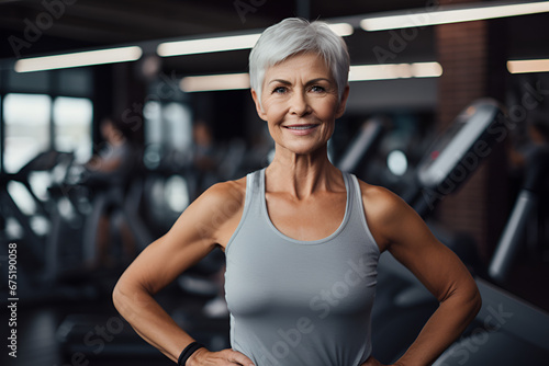 Motivated senior woman working out in the gym, looking confidently at the camera