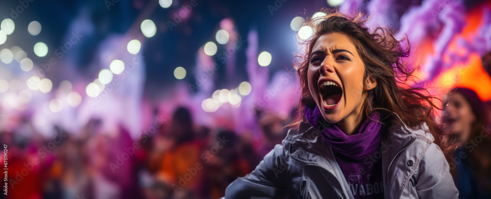 Fototapeta premium Woman activist shouts angrily at a rally, banner with copy space, protecting women's rights