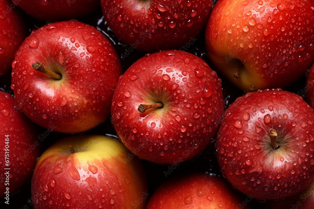 Refreshing Apple Rain: Fresh Apples with Water Droplets Filling the Frame Refreshing Apple Rain: Fresh Apples with Water Droplets Filling the Frame