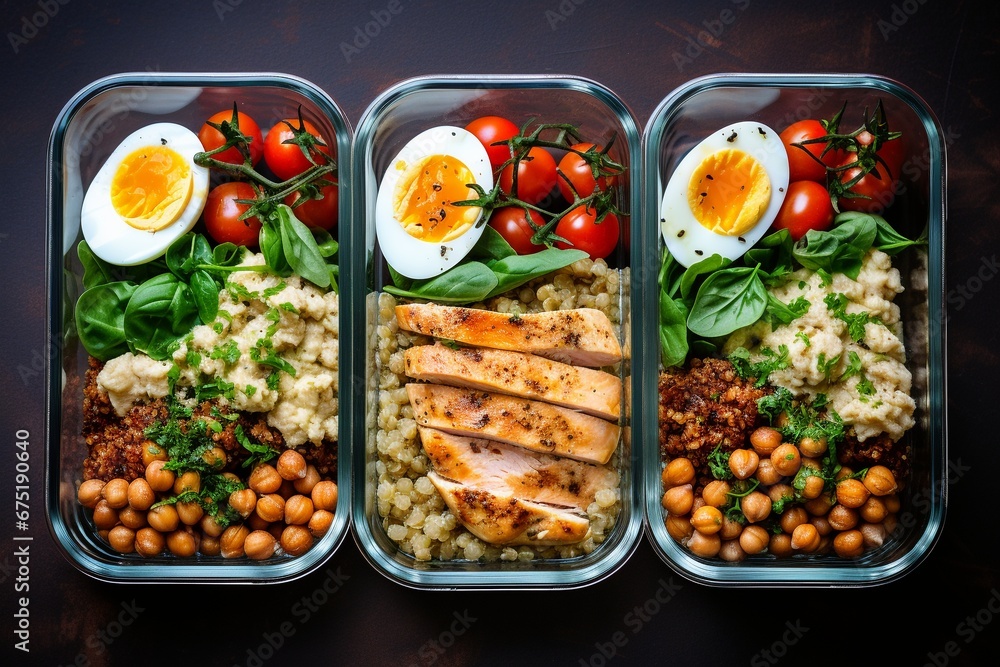 Protein-Packed Healthy Lunch: Chicken, Quinoa, Herbed Chickpeas, Vegetables, and Eggs Meal Prep Protein-Packed Healthy Lunch: Chicken, Quinoa, Herbed Chickpeas, Vegetables, and Eggs Meal Prep