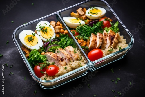 Protein-Packed Healthy Lunch: Chicken, Quinoa, Herbed Chickpeas, Vegetables, and Eggs Meal Prep photo