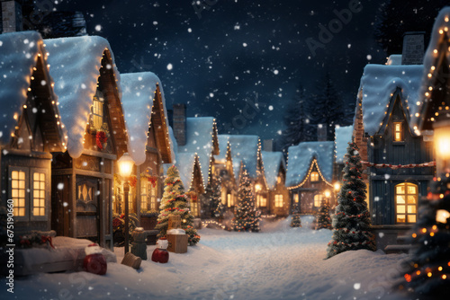 A snowy Christmas village with festive lights, featuring a dreamy and cute atmosphere under a dark blue sky.