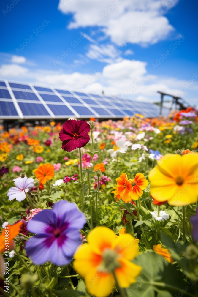 Obraz premium Flowers and solar panels in a flower field, promoting sustainability and eco-friendly practices.