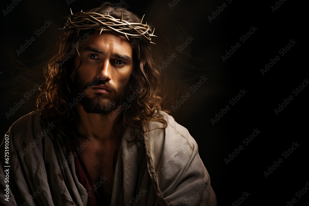 An image of Jesus with a crown of thorns in traditional portraiture, showcasing a caricature-like representation. An image of Jesus with a crown of thorns in traditional portraiture, showcasing a caricature-like representation.