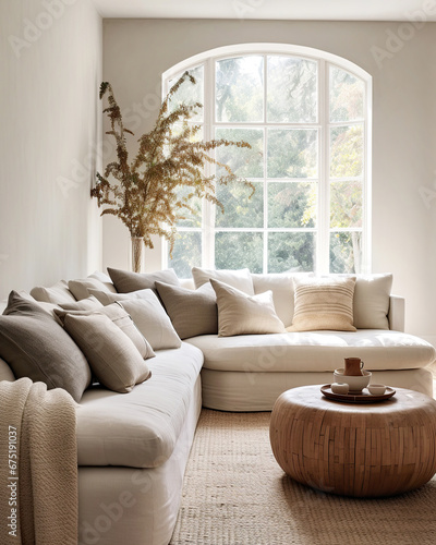 Rustic accent round coffee table near fabric sofa with many pillows against arched window. Scandinavian farmhouse style home interior design of modern living room. photo