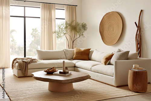 Live edge coffee table near corner sofa. Boho ethnic home interior design of modern living room. photo