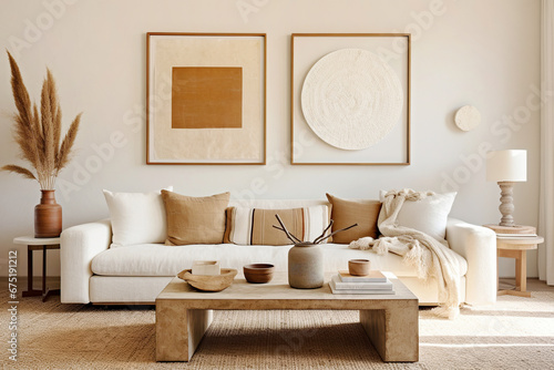 Rustic coffee table near white sofa with brown pillows against wall with two poster frames. Boho ethnic home interior design of modern living room. photo