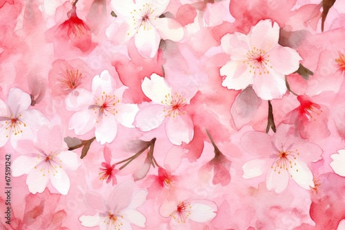 Seamless background of blooming cherry blossoms and falling petals. Watercolor artwork. Generative AI