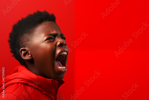 black child boy screams on red isolated background