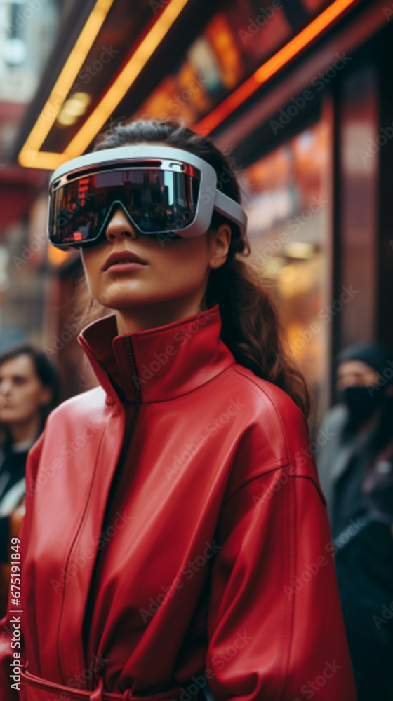 cinematic scene of a futuristic world with people wearing augmented reality glasses, kodak ektar 100, street photography