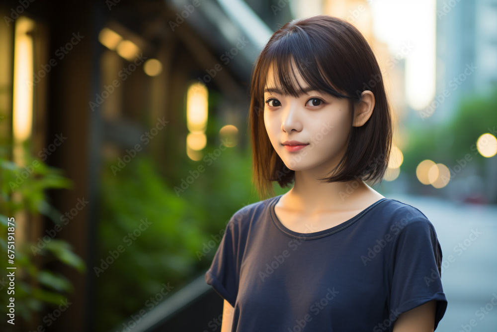 a woman standing on a sidewalk in a city