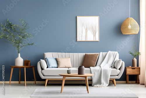 Round coffee table, side cabinet near grey sofa against blue wall. Scandinavian home interior design of modern living room. photo