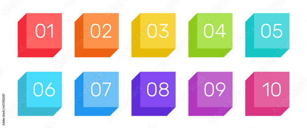Vector number bullet point collection. 3d geometric shapes colorful labels set.