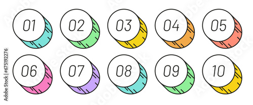 Number bullet points 1 to 10 in trendy cartoon style. Simple colorful cute retro shapes with numbers 