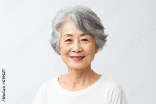 a woman with a white shirt and a gray hair