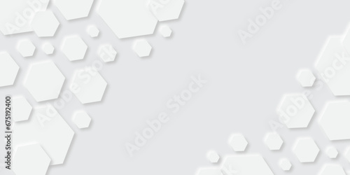 White minimal hexagons with grey background Flying Hexagon background white light and shadow.Technology banner design with hexagons abstract background.abstract Vector.Use for ad, poster, presentation