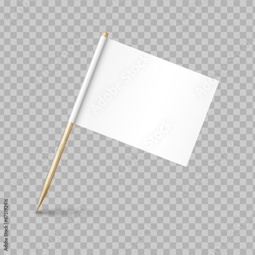 Realistic vector illustration of wooden toothpick with white paper flag.
