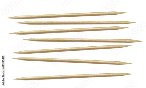 Realistic vector illustration of wooden toothpicks. Several sharp bamboo sticks for teeth. Wood skewers