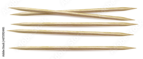 Realistic vector illustration of wooden toothpicks. Several sharp bamboo sticks for teeth. Wood skewers photo