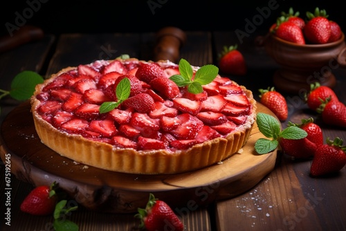 Freshly Baked Strawberry Pie on a Wooden Board - Summer Dessert © Maximilien