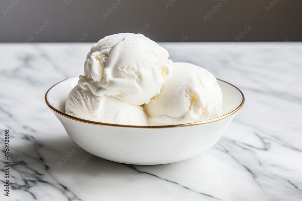 Vanilla Ice Cream in a White Bowl on Marble Countertop Vanilla Ice Cream in a White Bowl on Marble Countertop