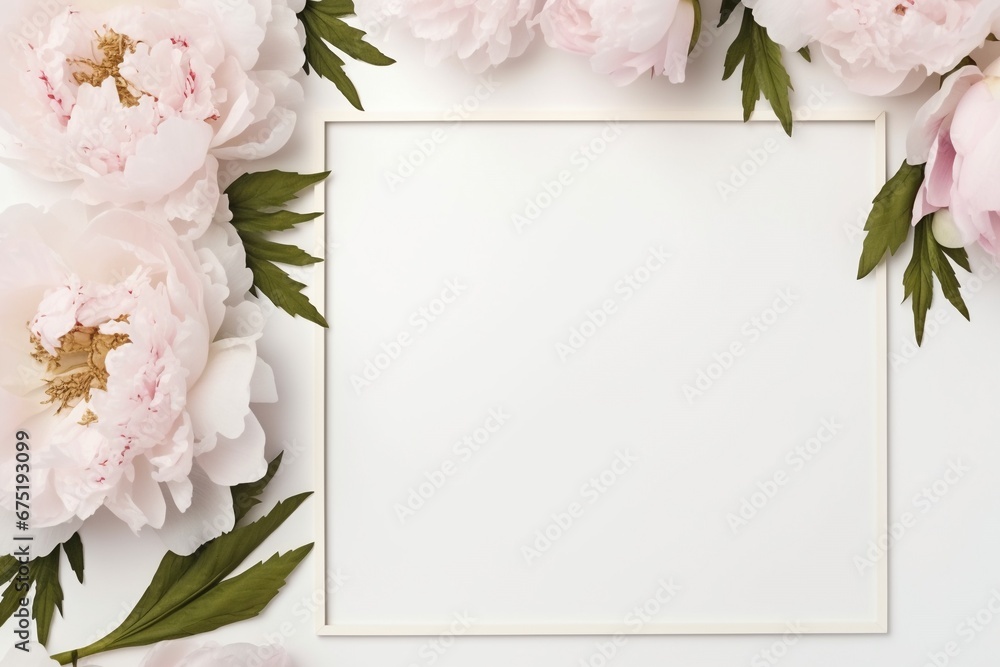 White Frame with Peonies, Flowers, and Leaves on White Background