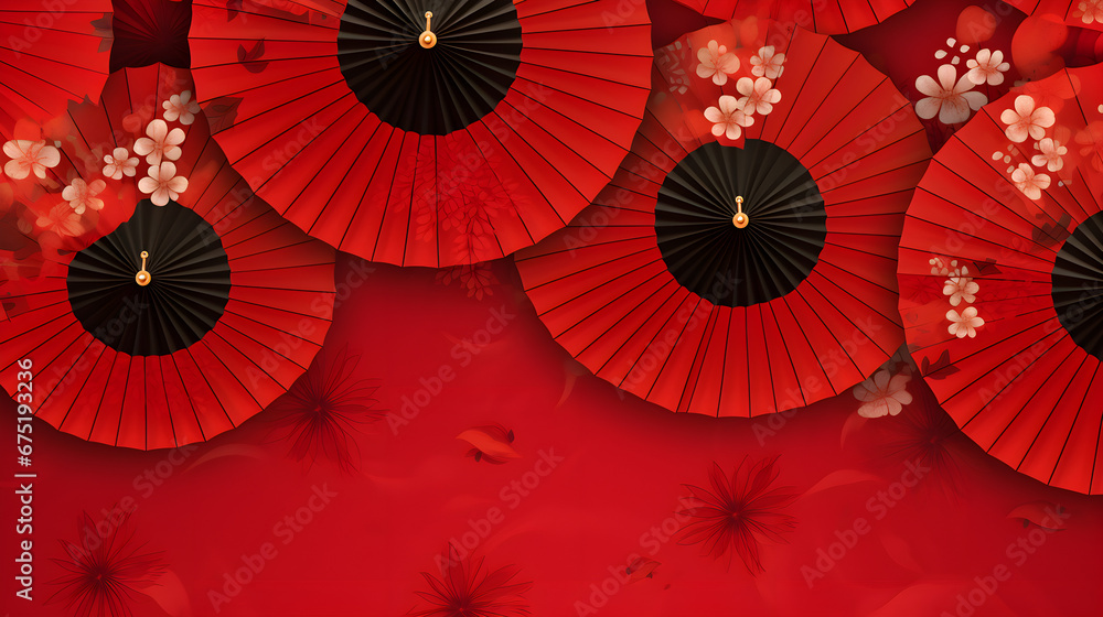 Chinese lanterns on a background of fairy lights and fans