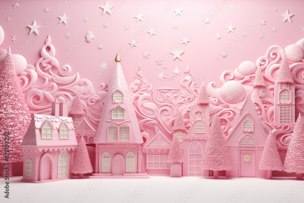 Happy New Year. Pink pastel castle, house, Christmas trees, decorative balloons, snow drifts, snowflakes on a pink background. Christmas gift card. Winter pink background with traditional elements.