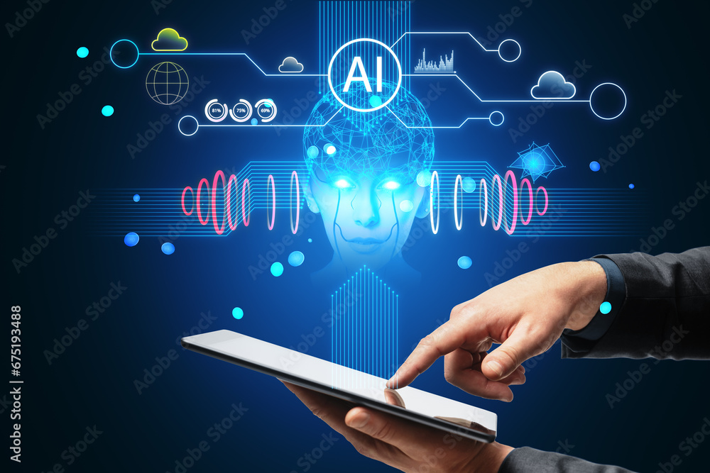 Close up of male hand pointing at smartphone with creative polygonal human head and icons hologram on blue background. Artificial intelligence, chat GPT, bot assistant and machine learning concept. Close up of male hand pointing at smartphone with creative polygonal human head and icons hologram on blue background. Artificial intelligence, chat GPT, bot assistant and machine learning concept.
