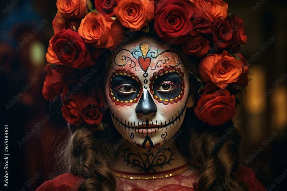 Young Girl in Day of the los muertos Makeup and Costume - Mexican Tradition Young Girl in Day of the los muertos Makeup and Costume - Mexican Tradition