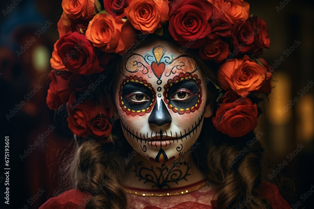 Young Girl in Day of the los muertos Makeup and Costume - Mexican Tradition