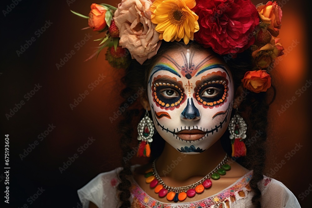 Young Girl in Day of the los muertos Makeup and Costume - Mexican Tradition