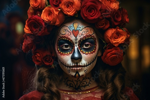 Young Girl in Day of the los muertos Makeup and Costume - Mexican Tradition