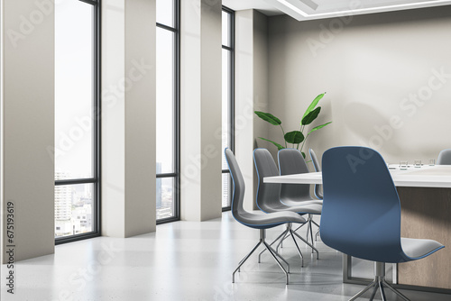 Modern meeting room interior with panoramic window and city view, furniture and plants. 3D Rendering.