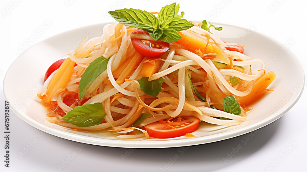 Som Tam, Papaya Salad in a white plate Som Tam, Papaya Salad in a white plate