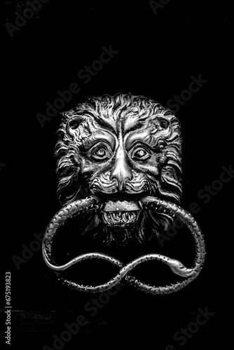 Dettaglio di una maniglia che raffigura un leone con un serpente in bocca sulla porta di una casa a Venezia 