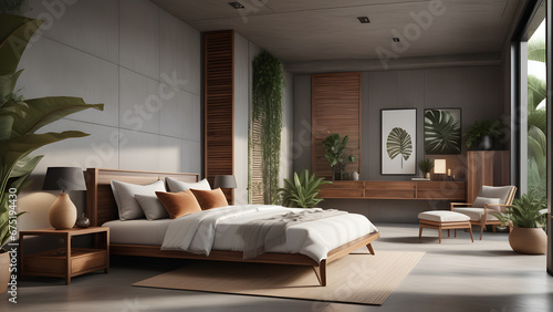 Modern contemporary loft style bedroom with tropical style garden view 3d render The room has concrete tiled floors and walls and wooden ceilings. Furnished with brown furniture