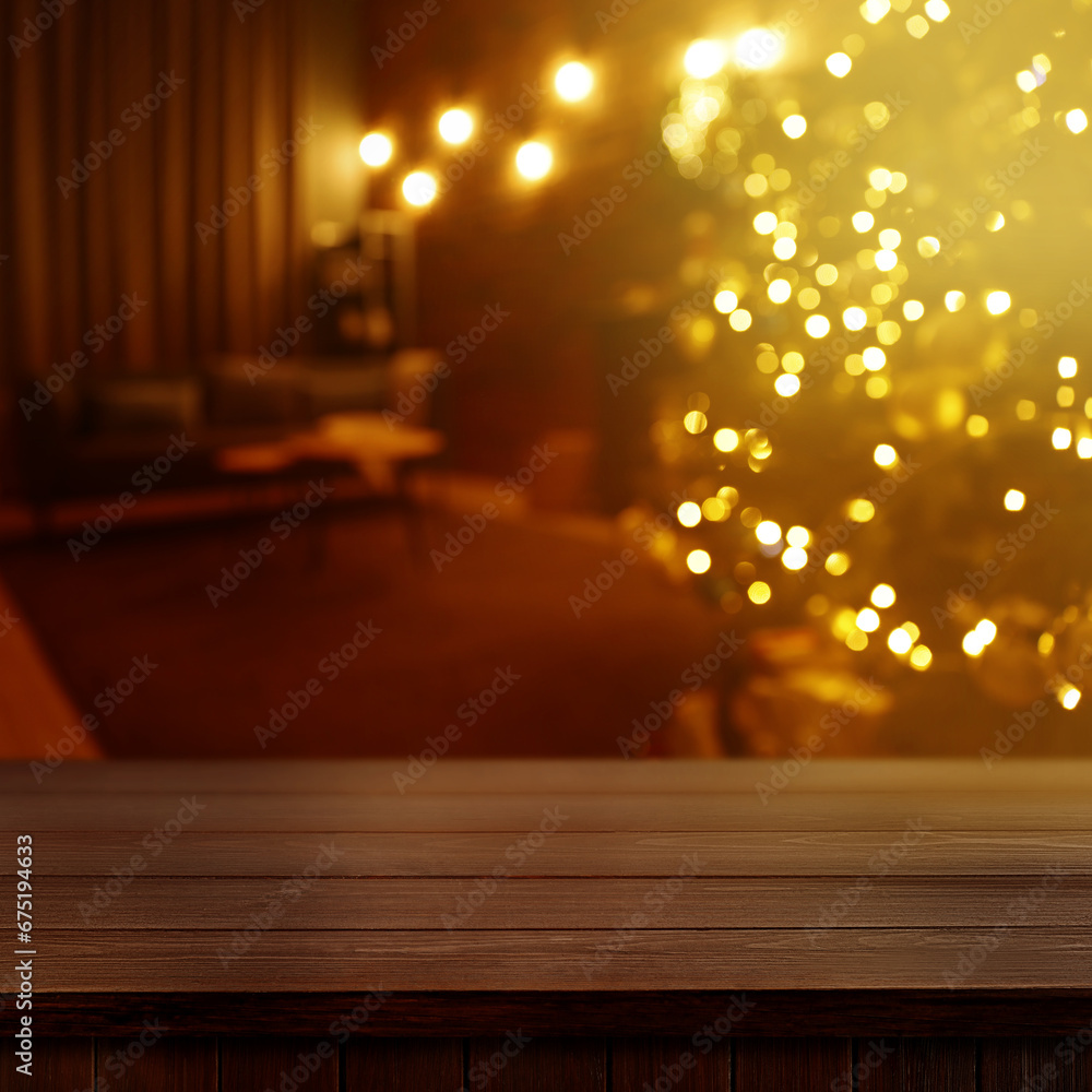 Empty wooden board in room decorated for New Year celebration, space for design Empty wooden board in room decorated for New Year celebration, space for design